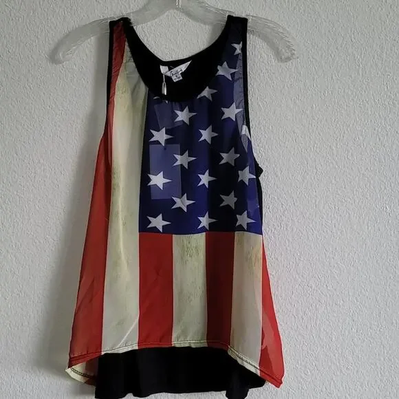 USA Tank Top American Flag Sleeveless High Low Hem Size Small Black - Picture 2 of 9